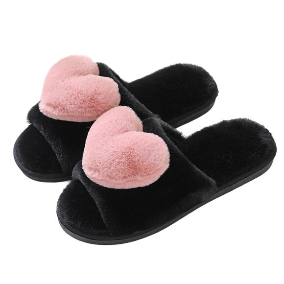 2/$30 Black Fuzzy Slippers with Pink Plush Heart Cute Cozy Indoor Slide Sandals - Picture 1 of 6